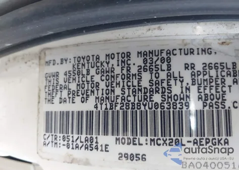 2000 Toyota Avalon Xls from USA, damaged, VIN 4T1BF28B8YU063839